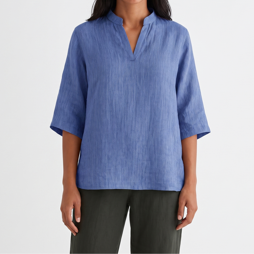 Women's Linen Tunic Top Notch Neck Half Sleeve Loose Fit