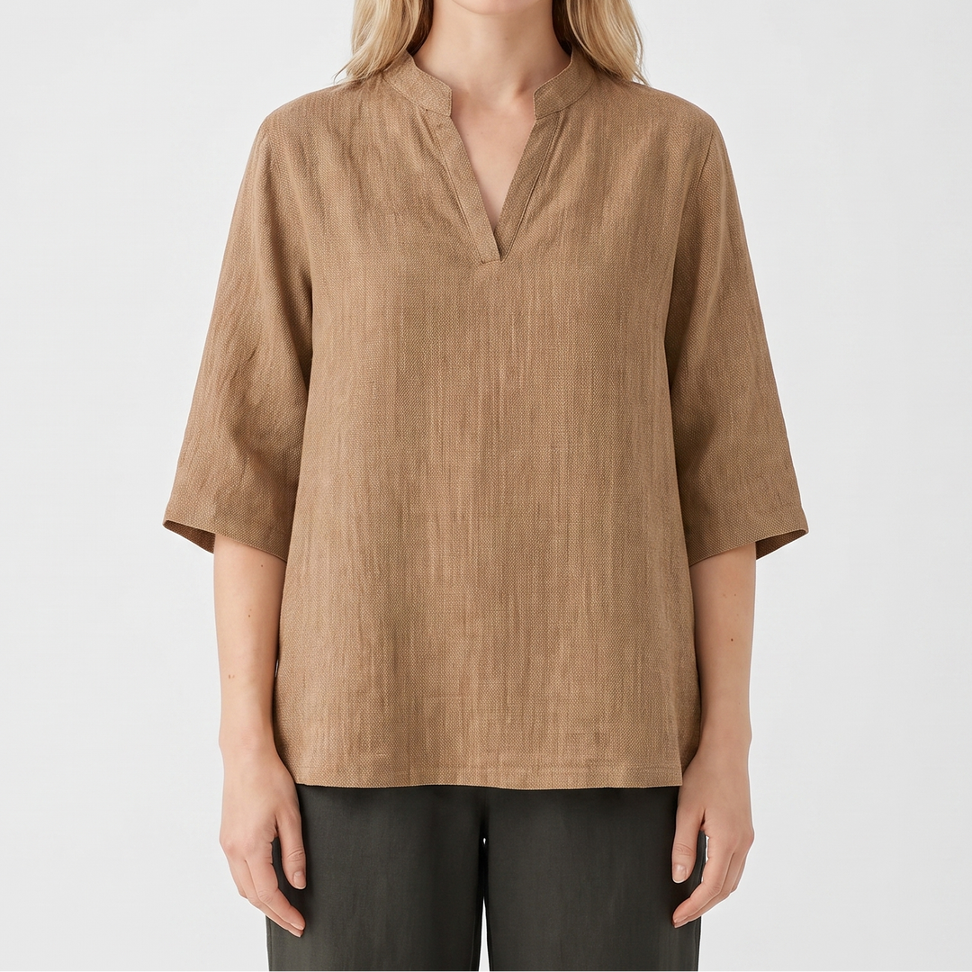 Women's Linen Tunic Top Notch Neck Half Sleeve Loose Fit