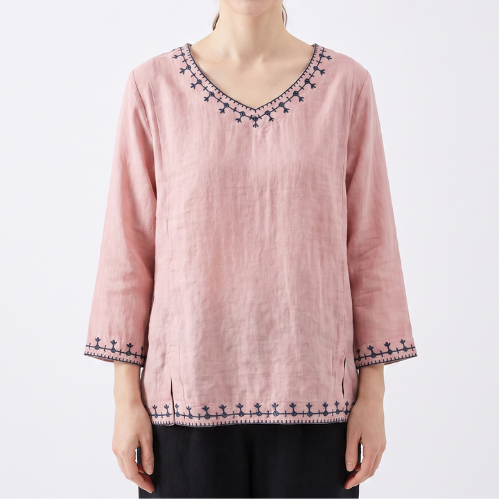 Women's Embroidered Linen Blouse V-Neck Long Sleeve Ethnic Top