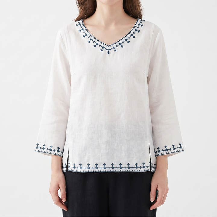 Women's Embroidered Linen Blouse V-Neck Long Sleeve Ethnic Top