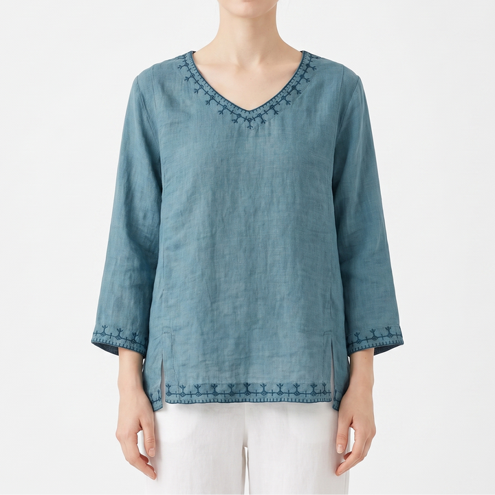 Women's Embroidered Linen Blouse V-Neck Long Sleeve Ethnic Top