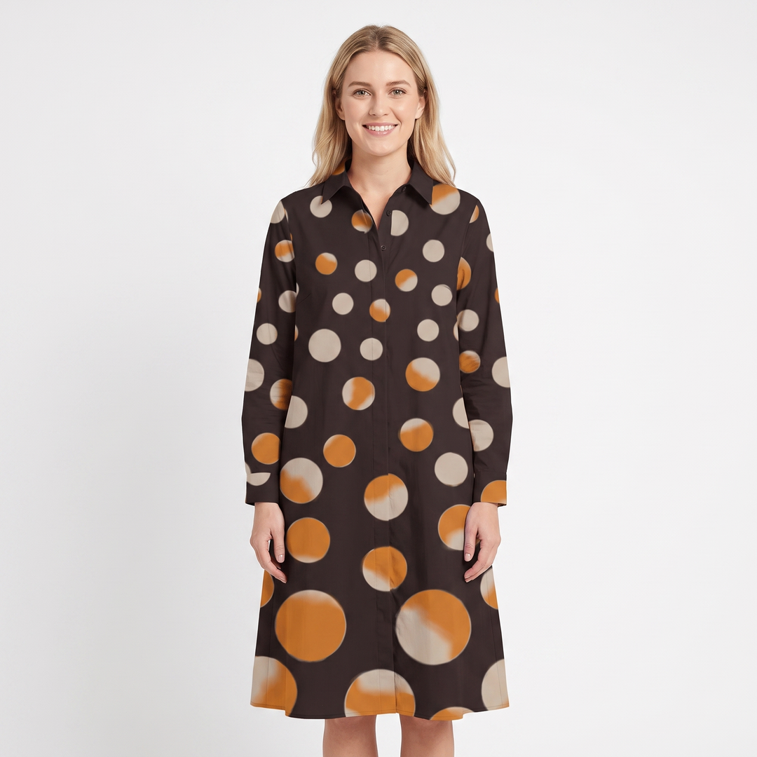 Women's Shirt Dress Colour Block Long Sleeve Collared A Line Midi