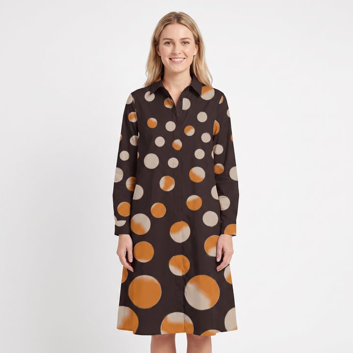 Women's Shirt Dress Colour Block Long Sleeve Collared A Line Midi