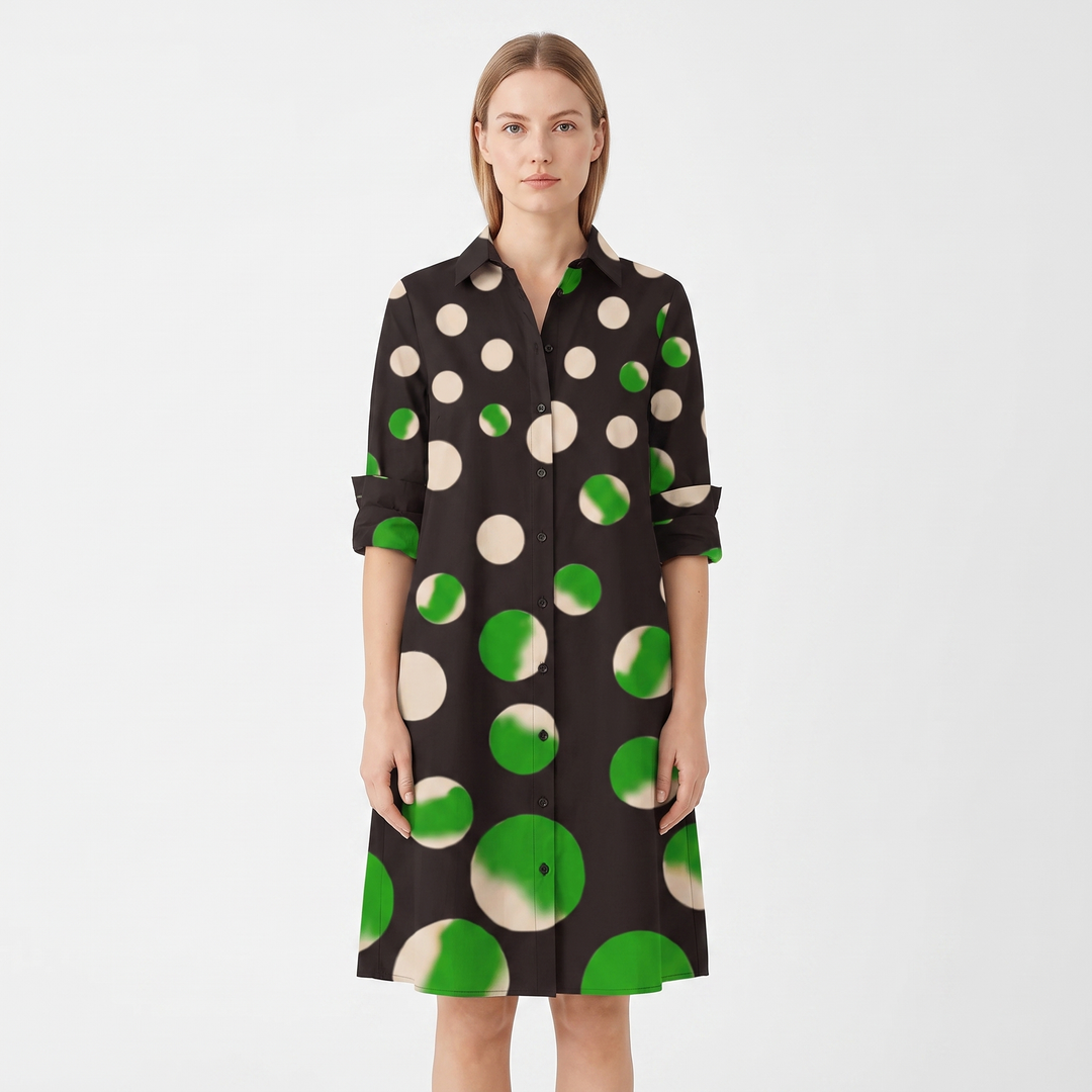 Women's Shirt Dress Colour Block Long Sleeve Collared A Line Midi