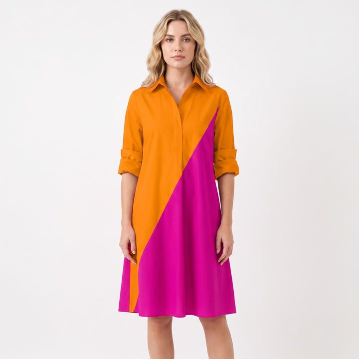 Women's Shirt Dress Colour Block Long Sleeve Collared A Line Midi