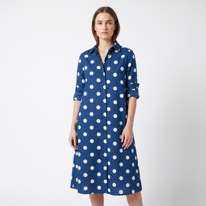 Women's Shirt Dress Colour Block Long Sleeve Collared A Line Midi