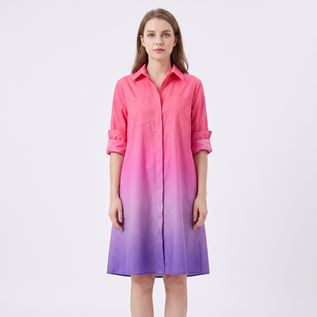 Women's Shirt Dress Colour Block Long Sleeve Collared A Line Midi