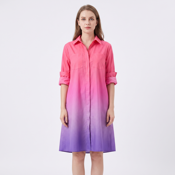 Women's Shirt Dress Colour Block Long Sleeve Collared A Line Midi