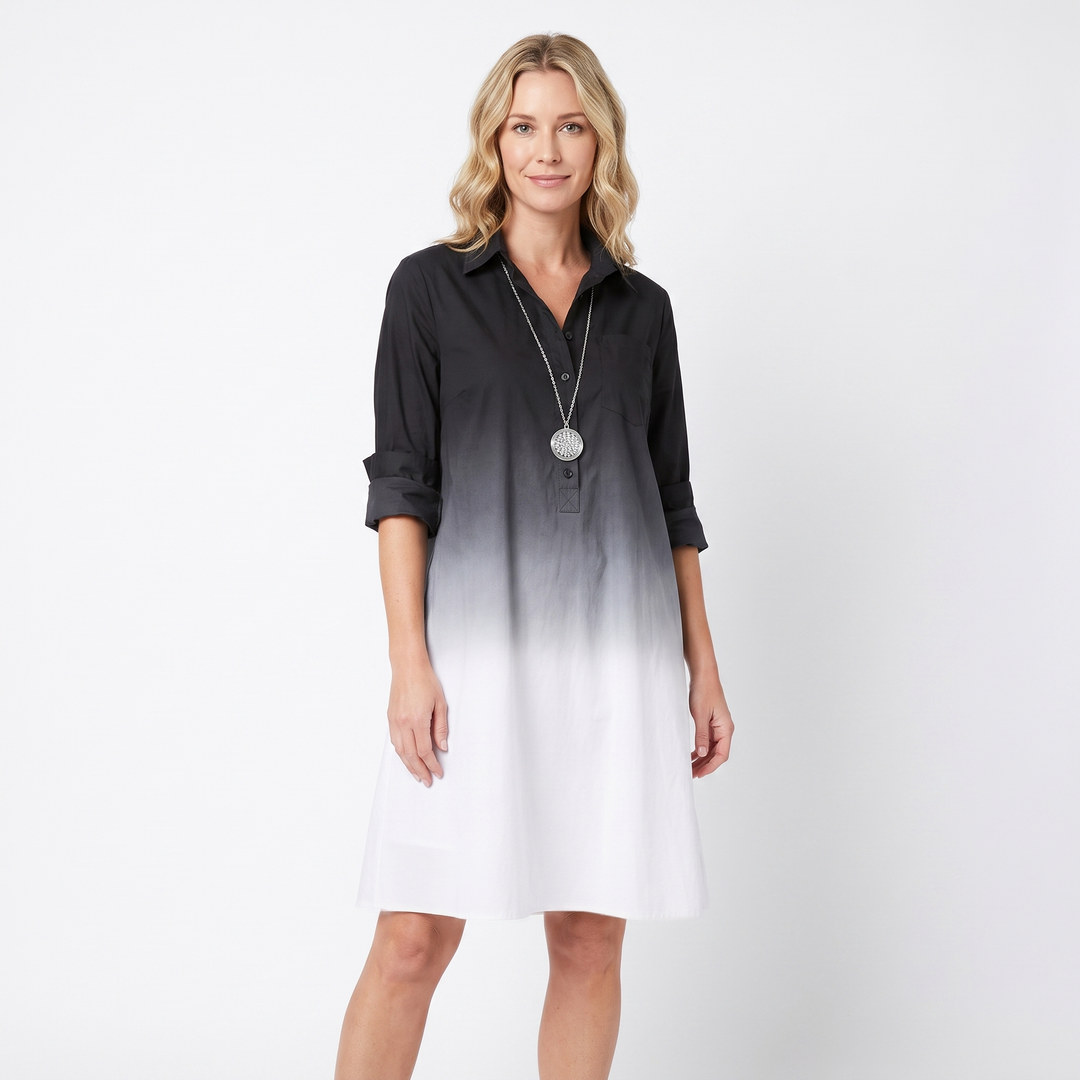 Women's Shirt Dress Colour Block Long Sleeve Collared A Line Midi