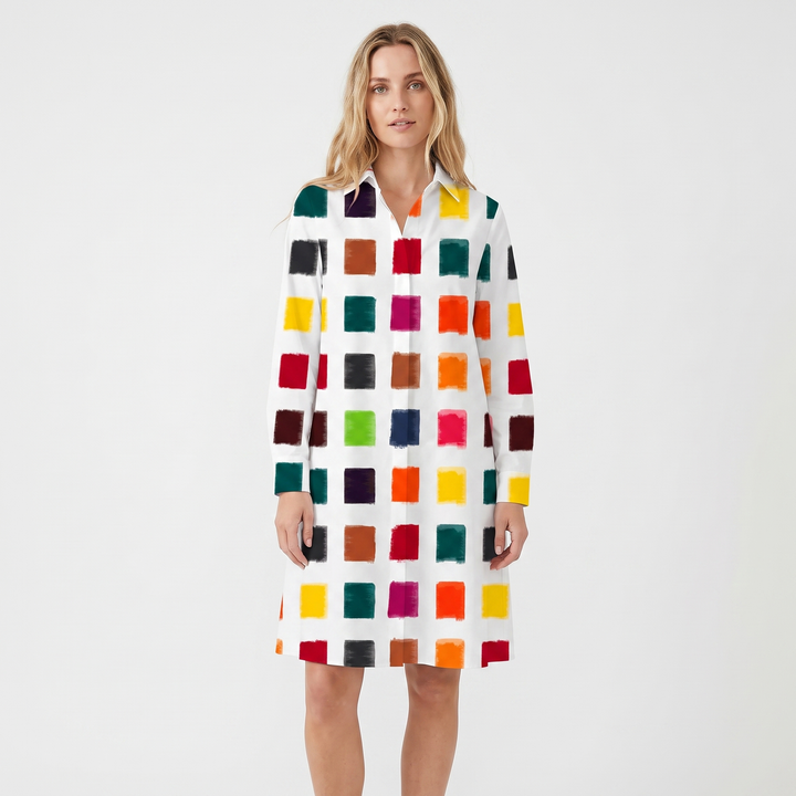 Women's Shirt Dress Colour Block Long Sleeve Collared A Line Midi
