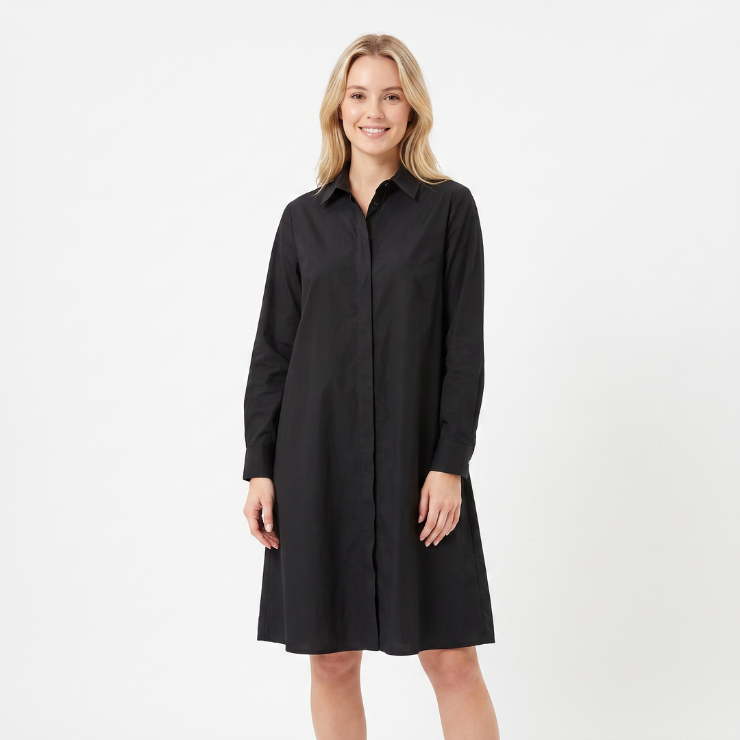 Women's Shirt Dress Colour Block Long Sleeve Collared A Line Midi