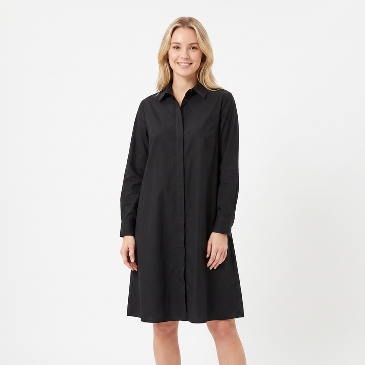 Women's Shirt Dress Colour Block Long Sleeve Collared A Line Midi