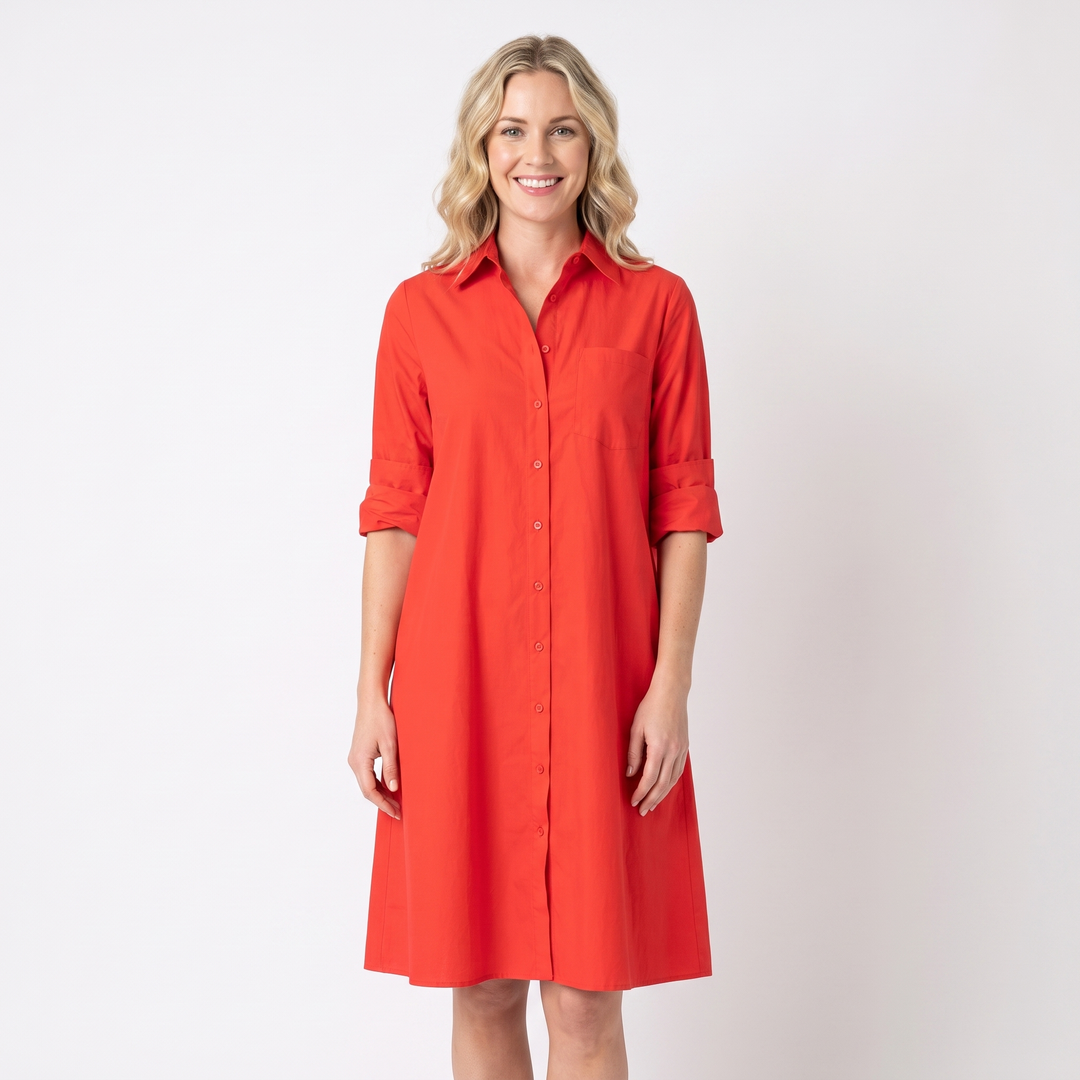 Women's Shirt Dress Colour Block Long Sleeve Collared A Line Midi