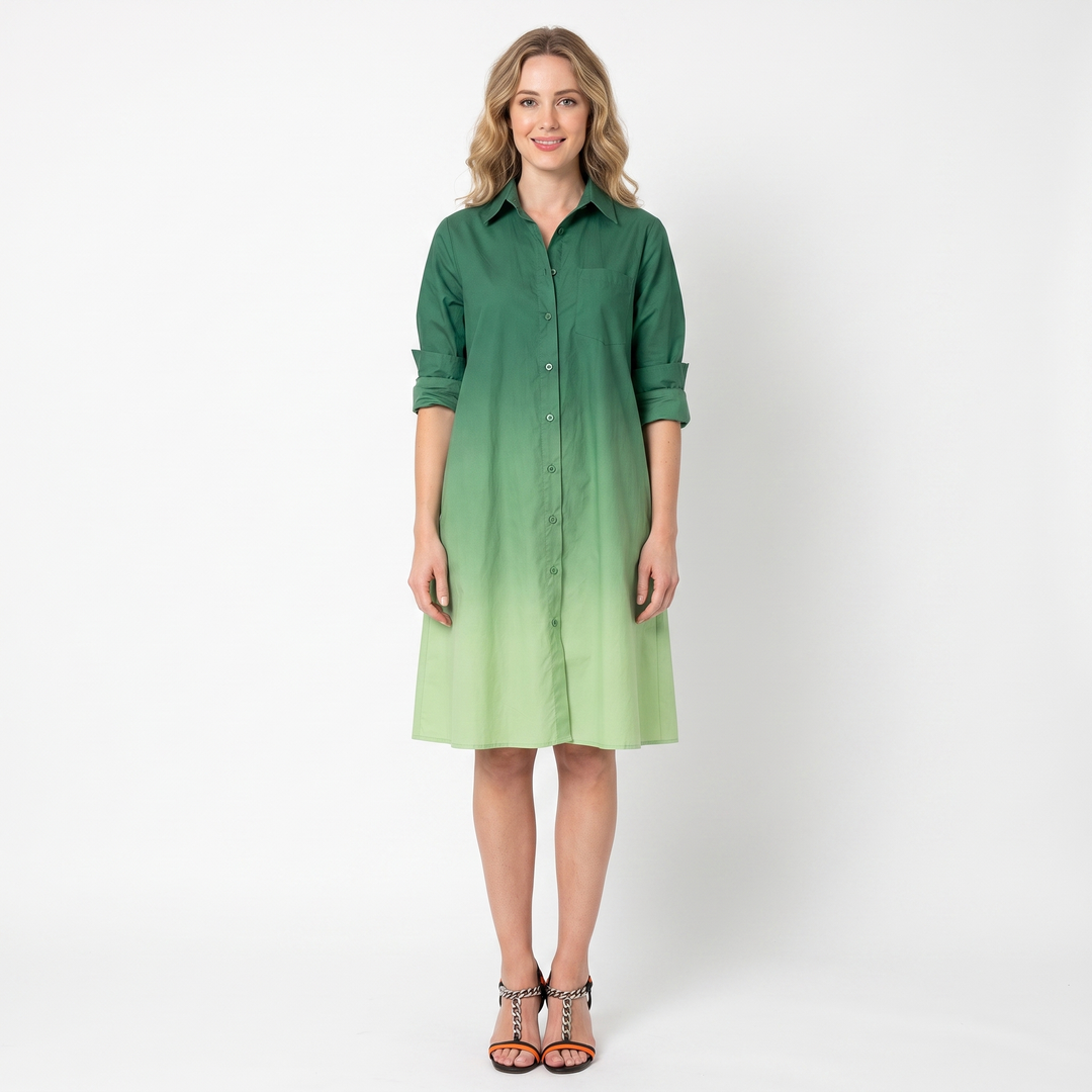 Women's Shirt Dress Colour Block Long Sleeve Collared A Line Midi