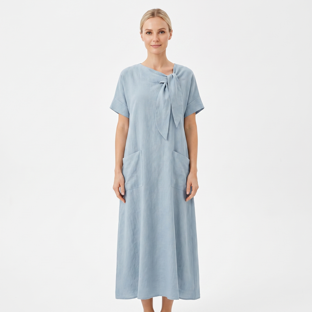 Women's Linen Maxi Dress Tie Neck Short Sleeve Relaxed Fit Pockets