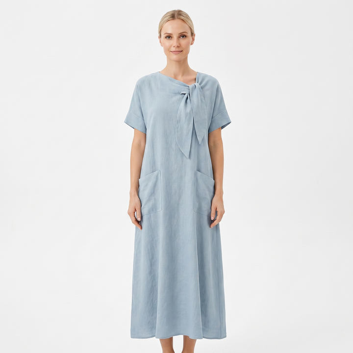 Women's Linen Maxi Dress Tie Neck Short Sleeve Relaxed Fit Pockets
