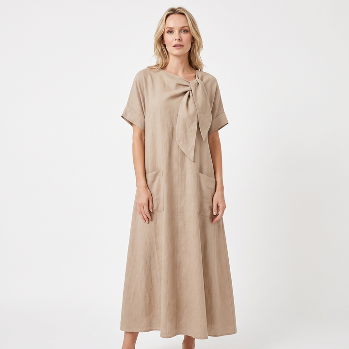 Women's Linen Maxi Dress Tie Neck Short Sleeve Relaxed Fit Pockets