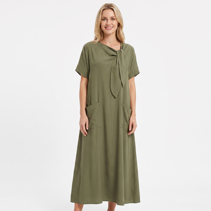 Women's Linen Maxi Dress Tie Neck Short Sleeve Relaxed Fit Pockets