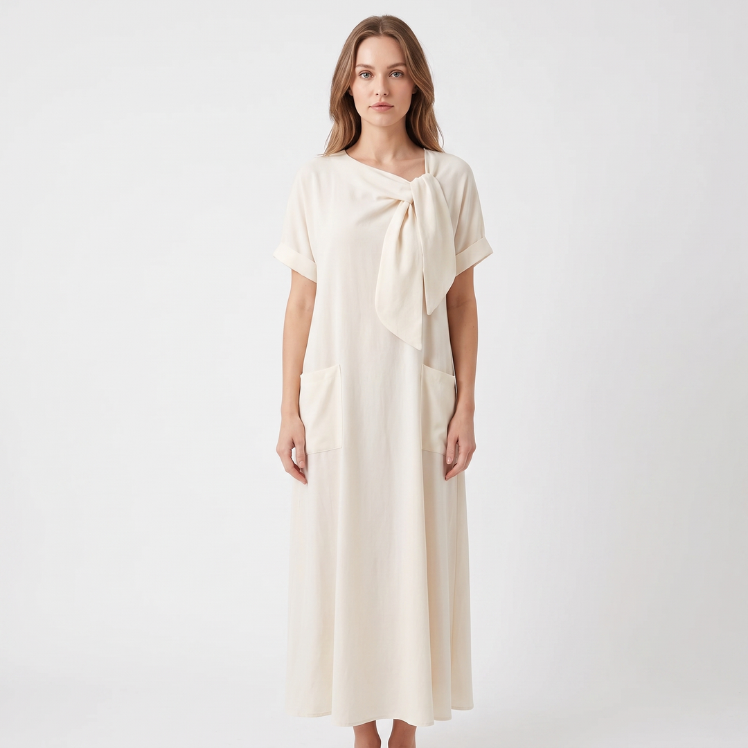 Women's Linen Maxi Dress Tie Neck Short Sleeve Relaxed Fit Pockets