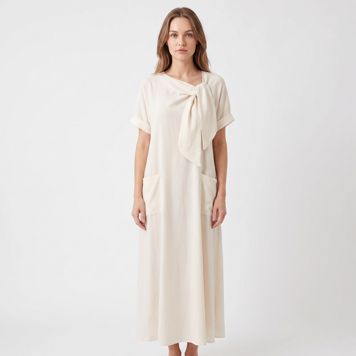Women's Linen Maxi Dress Tie Neck Short Sleeve Relaxed Fit Pockets