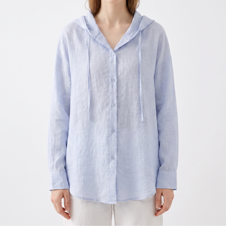Women's Hooded Linen Shirt Long Sleeve Button-Up Lightweight Top