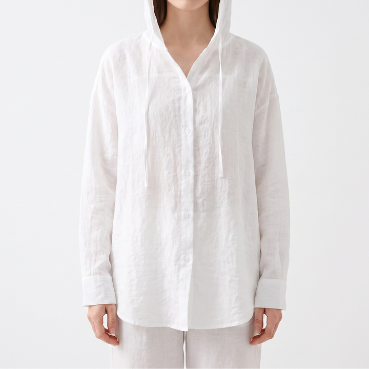 Women's Hooded Linen Shirt Long Sleeve Button-Up Lightweight Top