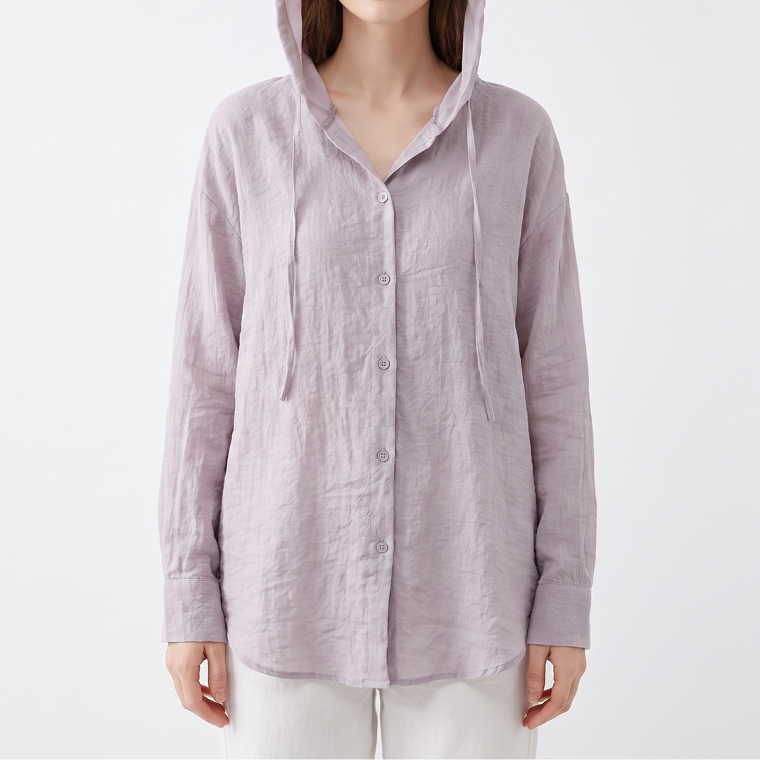 Women's Hooded Linen Shirt Long Sleeve Button-Up Lightweight Top