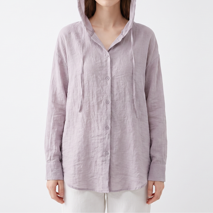 Women's Hooded Linen Shirt Long Sleeve Button-Up Lightweight Top