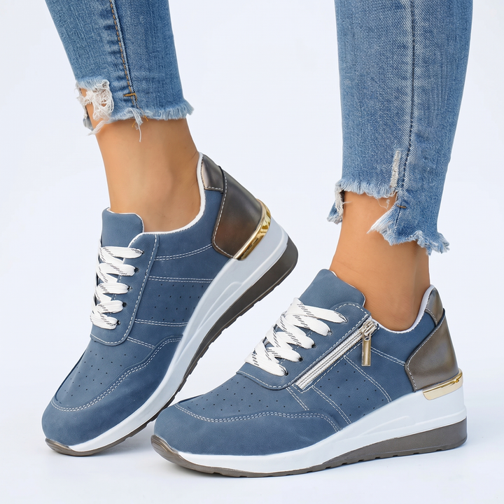 Women's Perforated Sneakers Lace-Up Side Zipper Casual Shoes