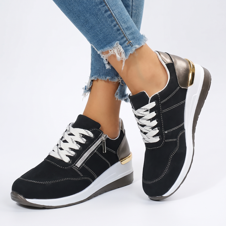 Women's Perforated Sneakers Lace-Up Side Zipper Casual Shoes