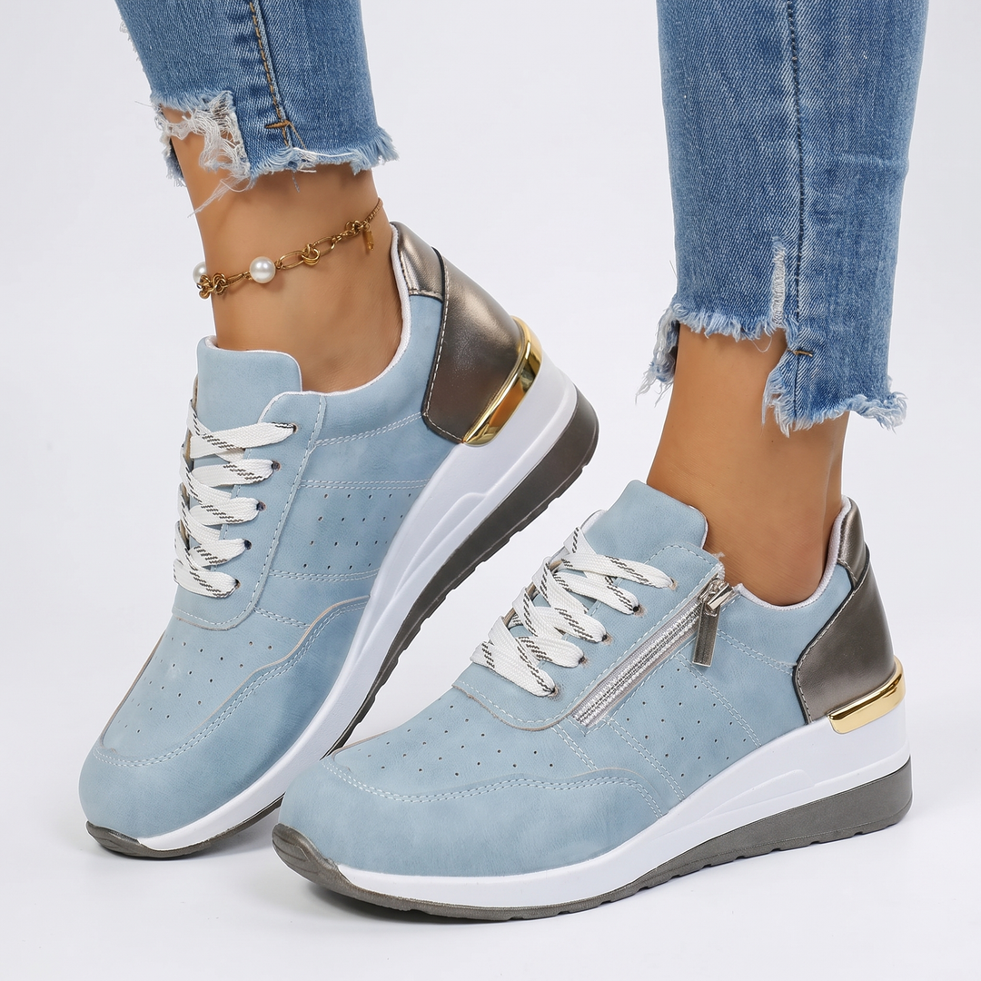 Women's Perforated Sneakers Lace-Up Side Zipper Casual Shoes