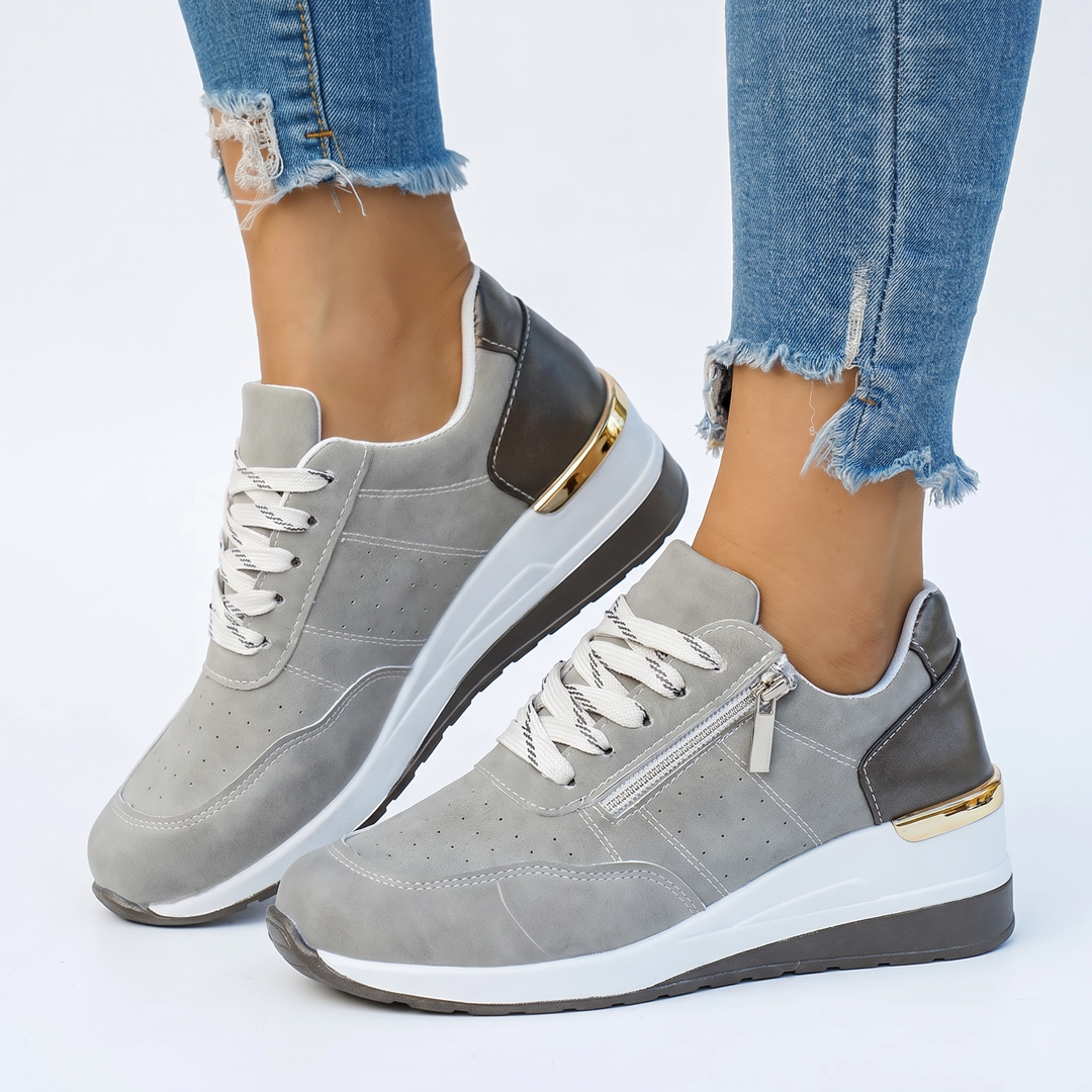Women's Perforated Sneakers Lace-Up Side Zipper Casual Shoes