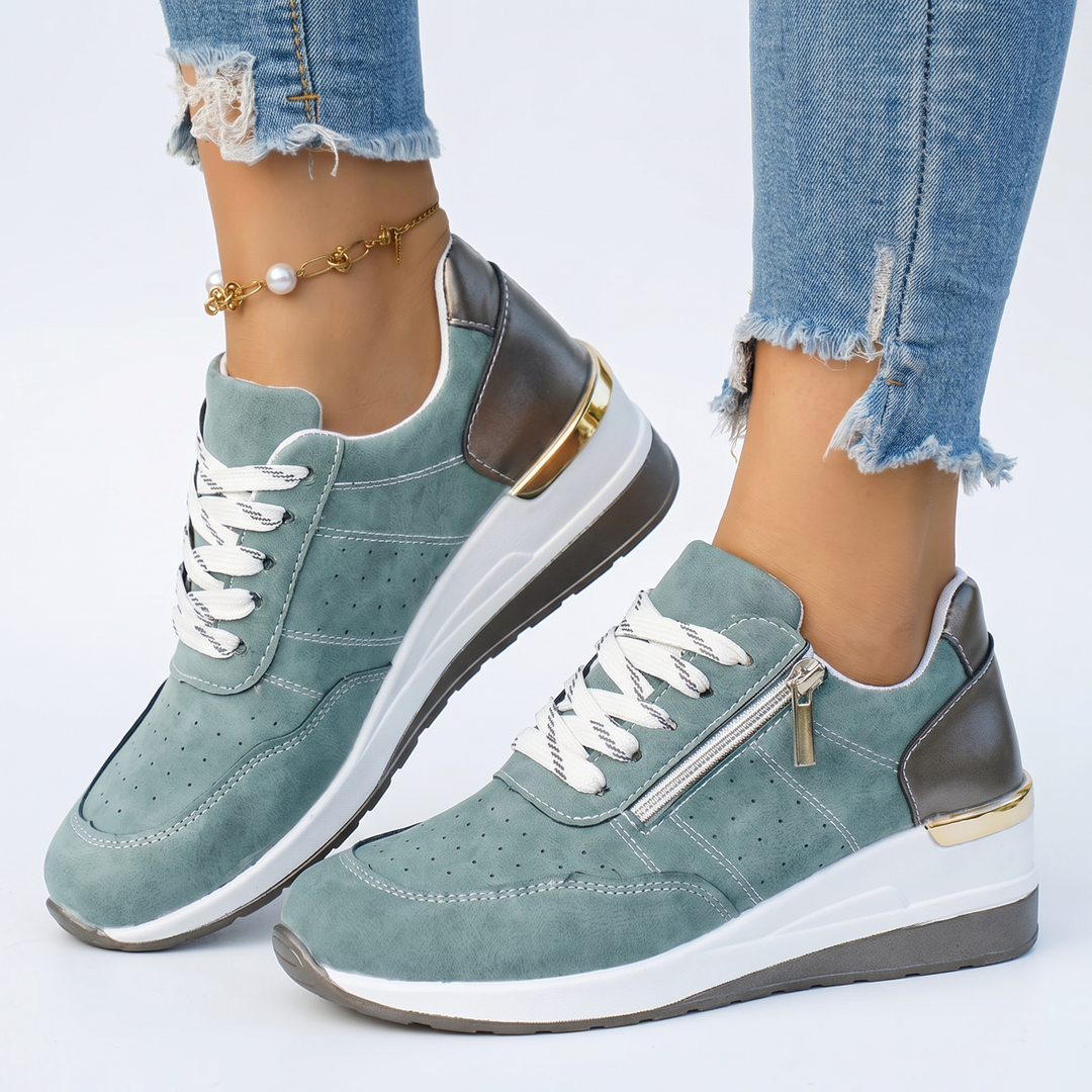 Women's Perforated Sneakers Lace-Up Side Zipper Casual Shoes