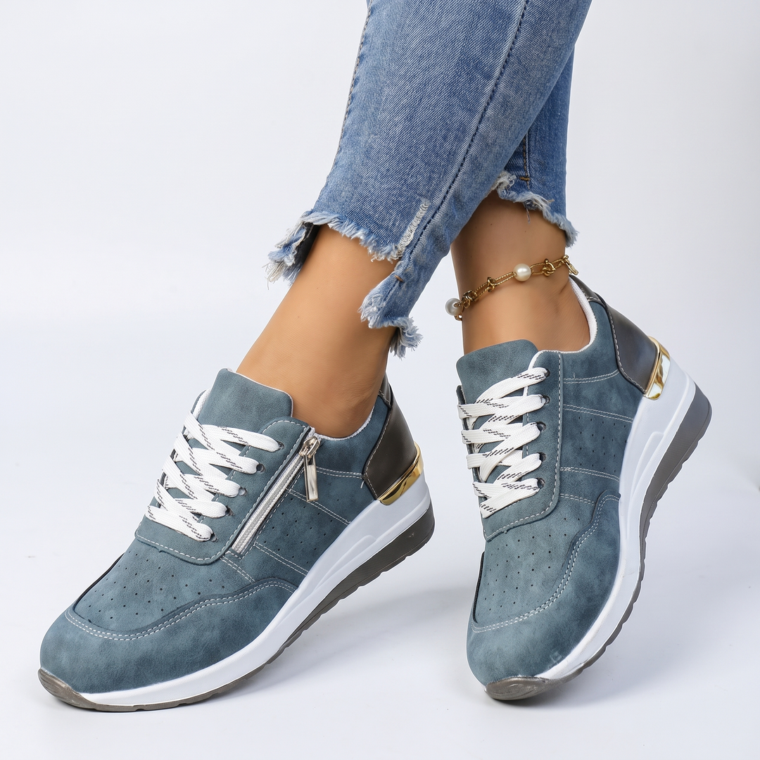 Women's Perforated Sneakers Lace-Up Side Zipper Casual Shoes
