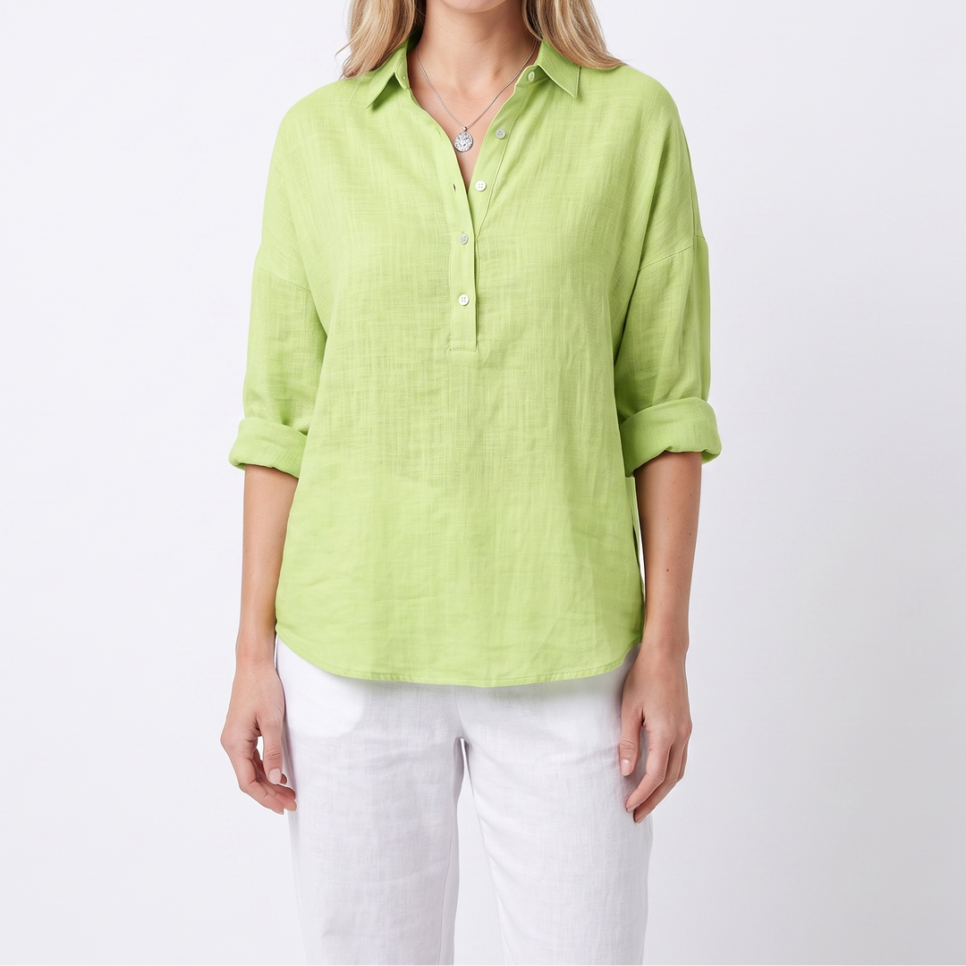 Women's Linen Popover Shirt Long Sleeve Collared Loose Blouse