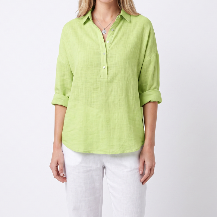 Women's Linen Popover Shirt Long Sleeve Collared Loose Blouse