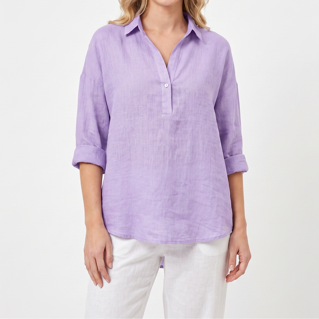 Women's Linen Popover Shirt Long Sleeve Collared Loose Blouse