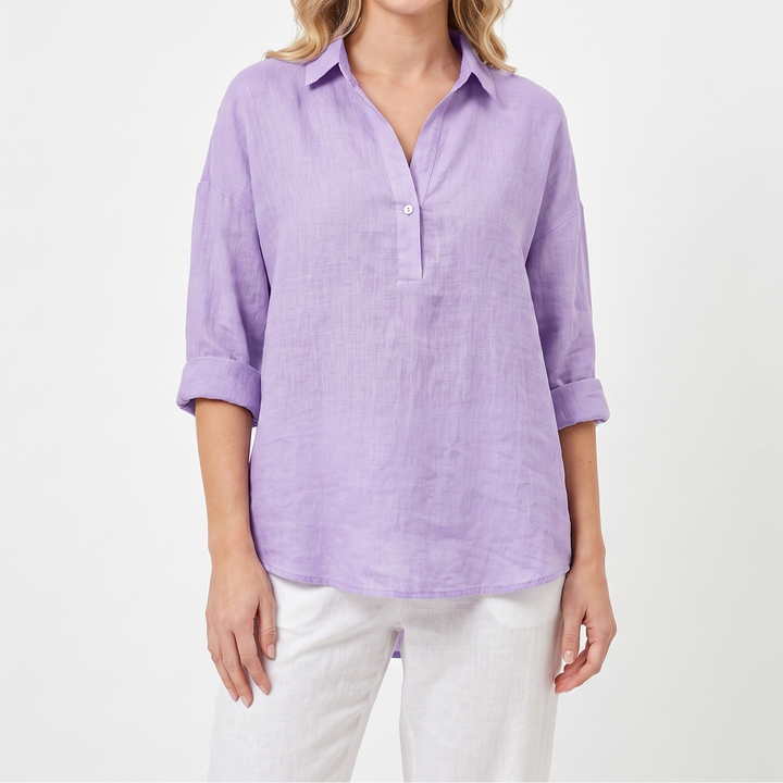 Women's Linen Popover Shirt Long Sleeve Collared Loose Blouse