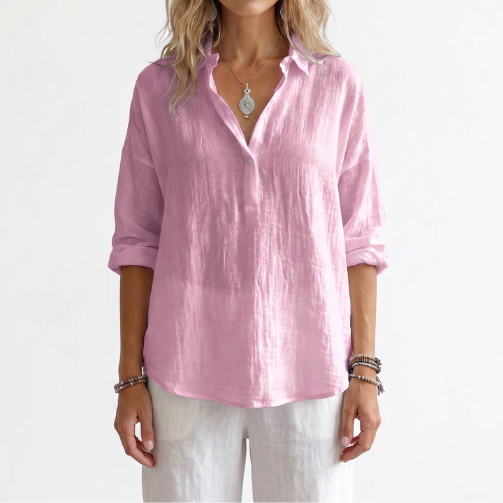 Women's Linen Popover Shirt Long Sleeve Collared Loose Blouse