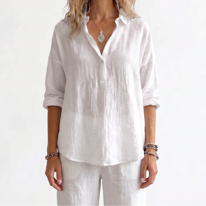 Women's Linen Popover Shirt Long Sleeve Collared Loose Blouse