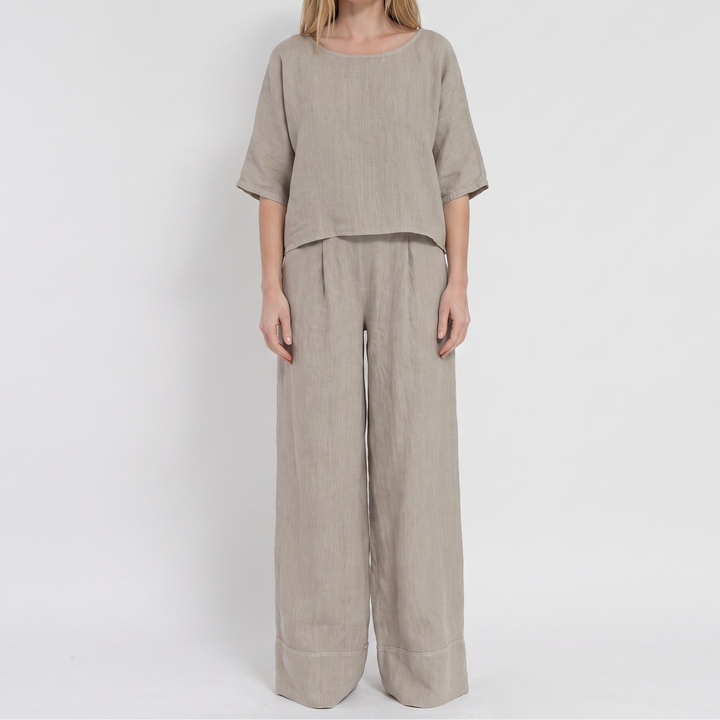Women's Linen Two Piece Set Cropped Top Wide Leg Pants Outfit