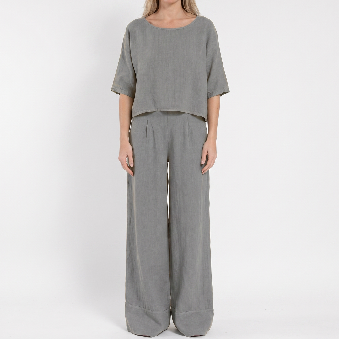 Women's Linen Two Piece Set Cropped Top Wide Leg Pants Outfit