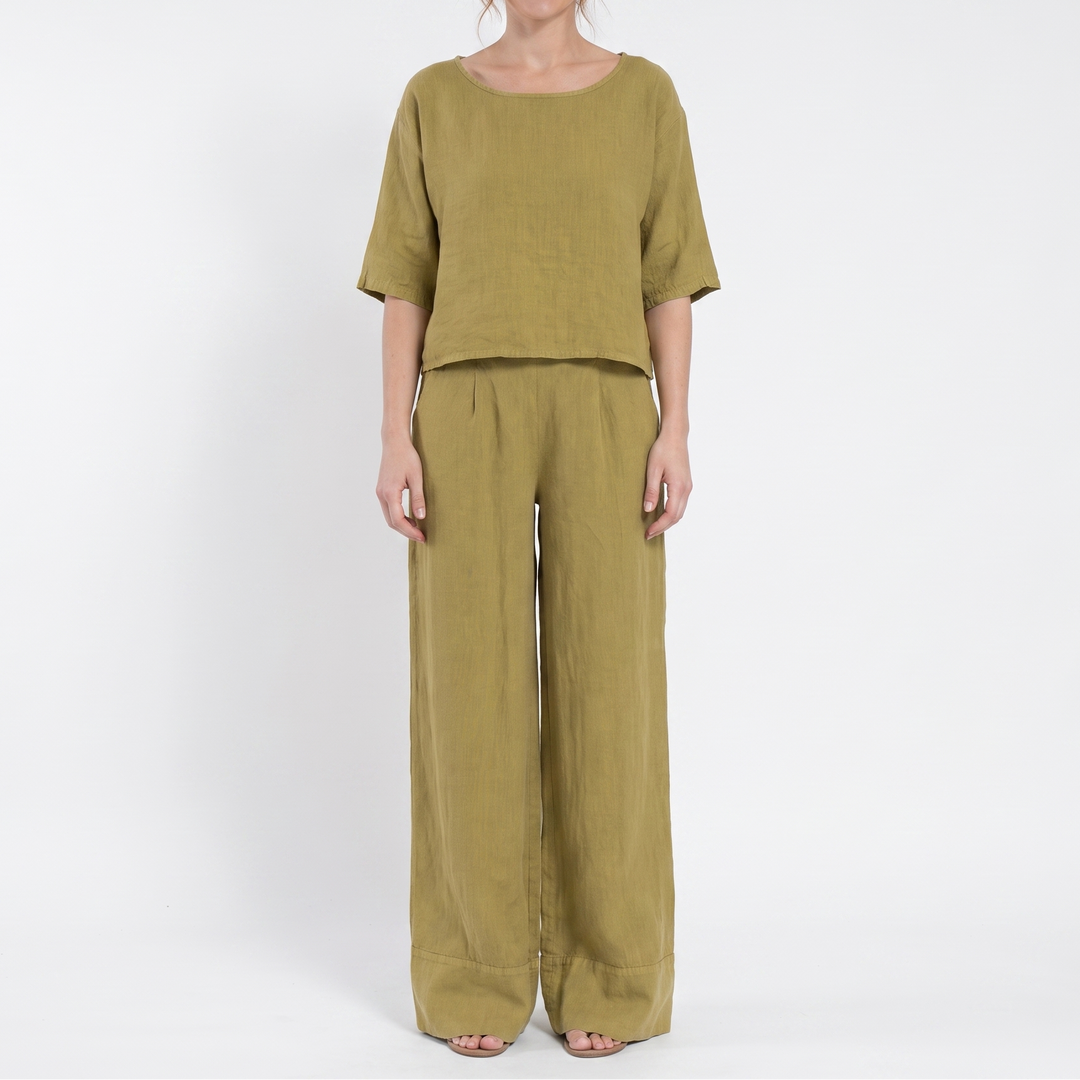 Women's Linen Two Piece Set Cropped Top Wide Leg Pants Outfit