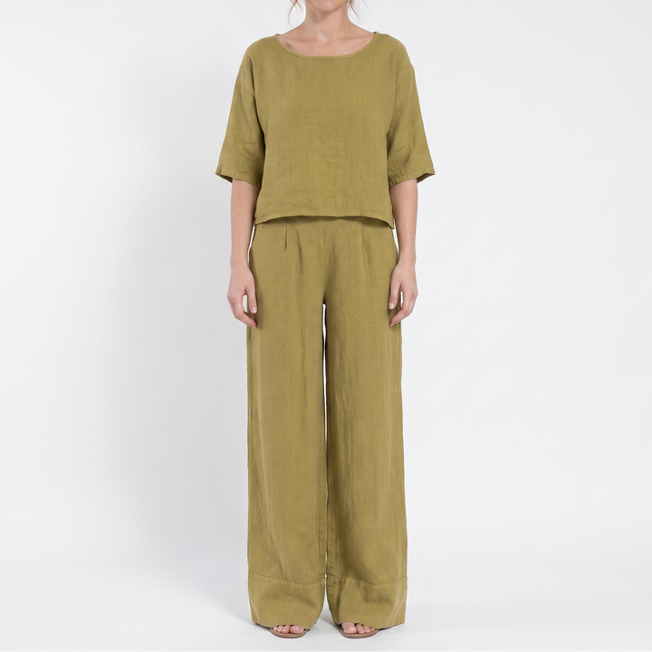 Women's Linen Two Piece Set Cropped Top Wide Leg Pants Outfit
