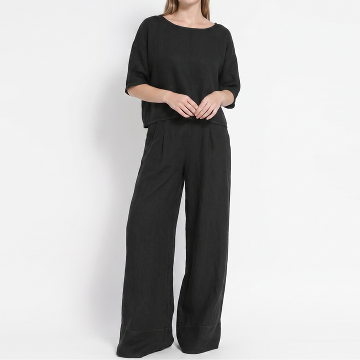 Women's Linen Two Piece Set Cropped Top Wide Leg Pants Outfit