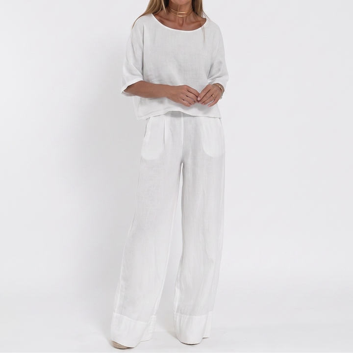 Women's Linen Two Piece Set Cropped Top Wide Leg Pants Outfit
