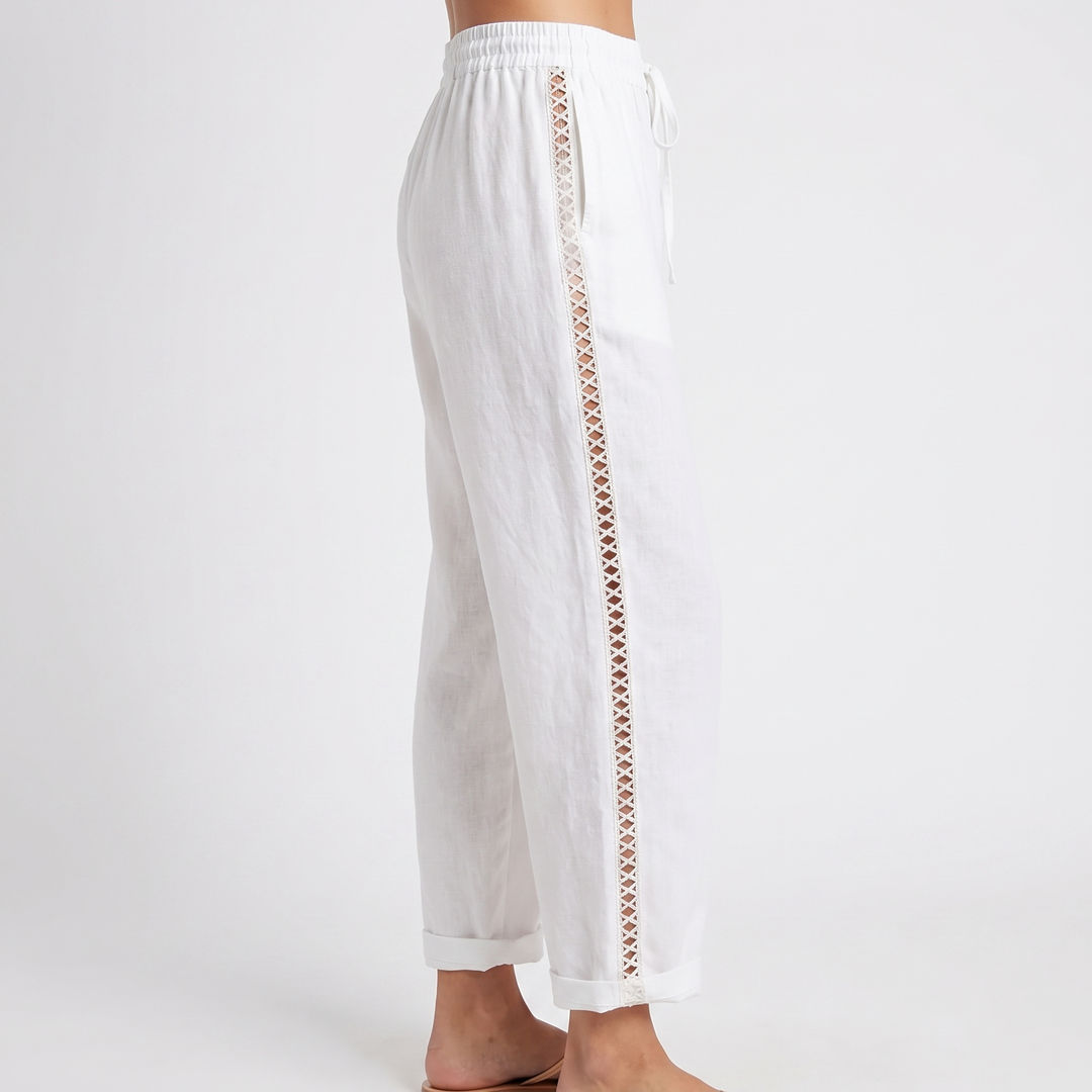 Women's Cotton Linen Cropped Pants Lace-Up Side Elastic Waist