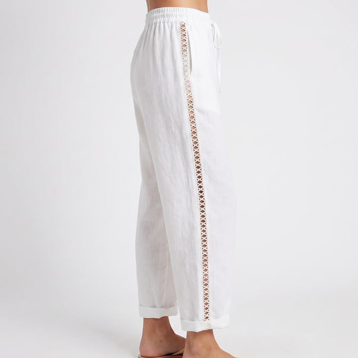 Women's Cotton Linen Cropped Pants Lace-Up Side Elastic Waist