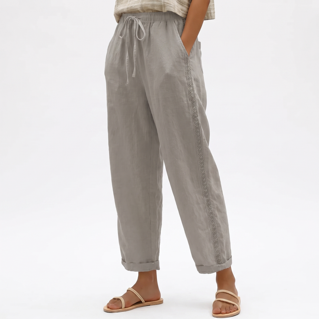 Women's Cotton Linen Cropped Pants Lace-Up Side Elastic Waist