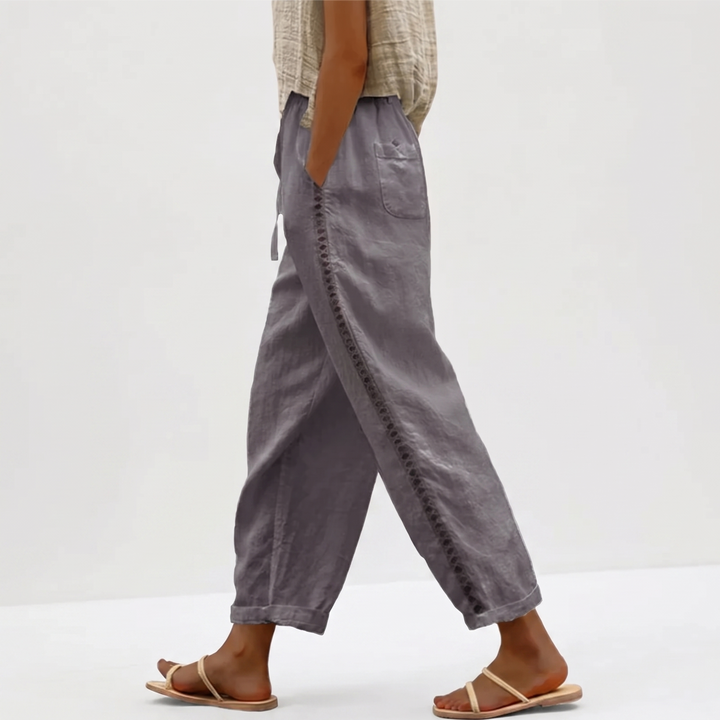 Women's Cotton Linen Cropped Pants Lace-Up Side Elastic Waist